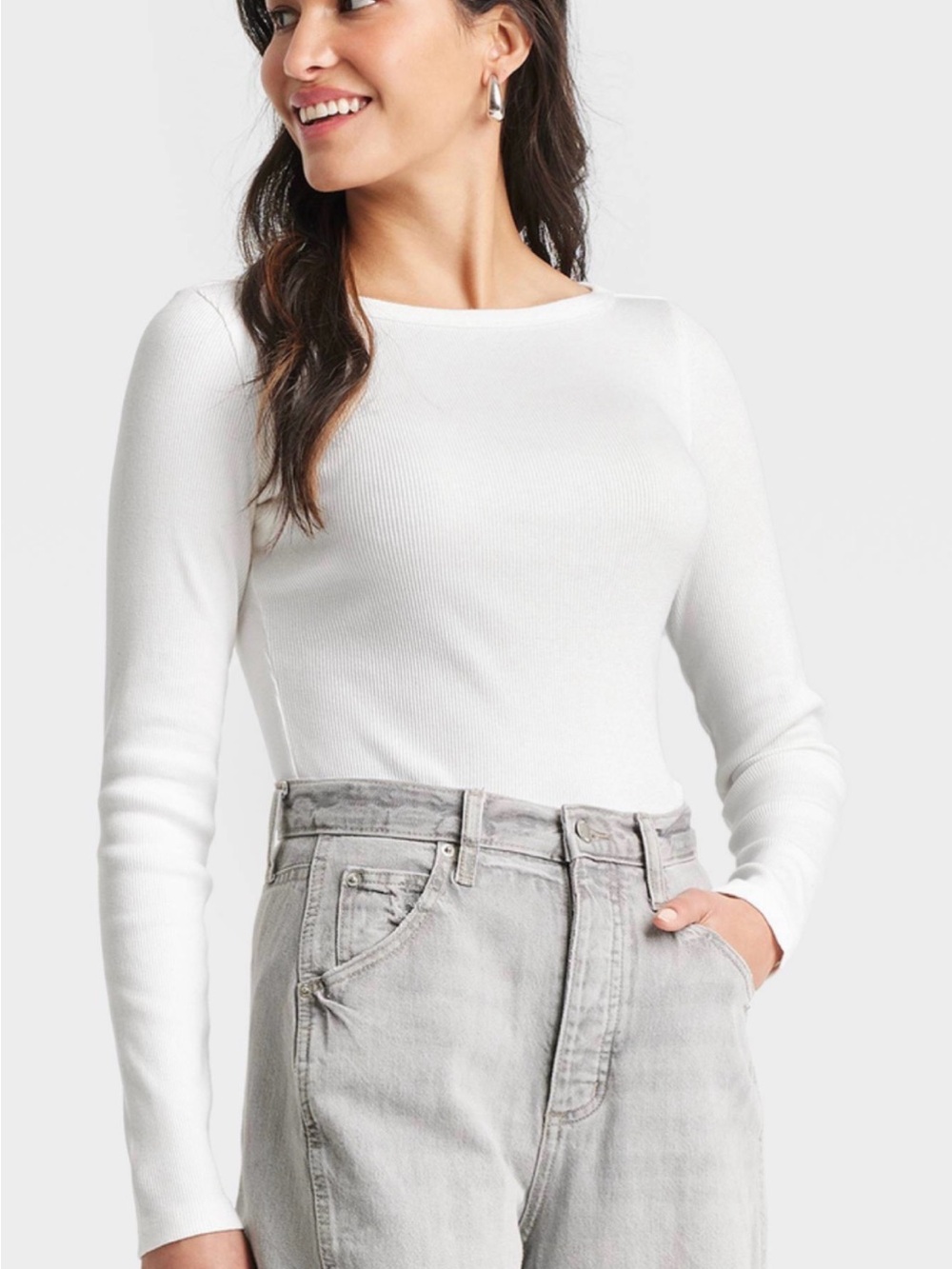 Universal Thread Winter White Ribbed Long-Sleeve Boatneck T-Shirt